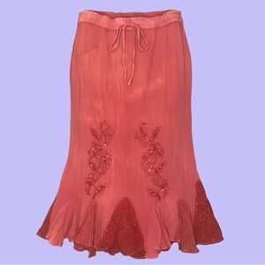 1990s Red Whimsical Embroidered Ruffle Fairy Skirt